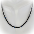Handmade beaded black and blue necklace with gold filled beads and 14 karat gold filled clasp