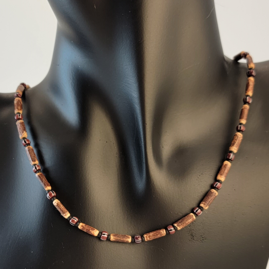 Handmade unisex necklace with brown wood beads and red and black glass beads