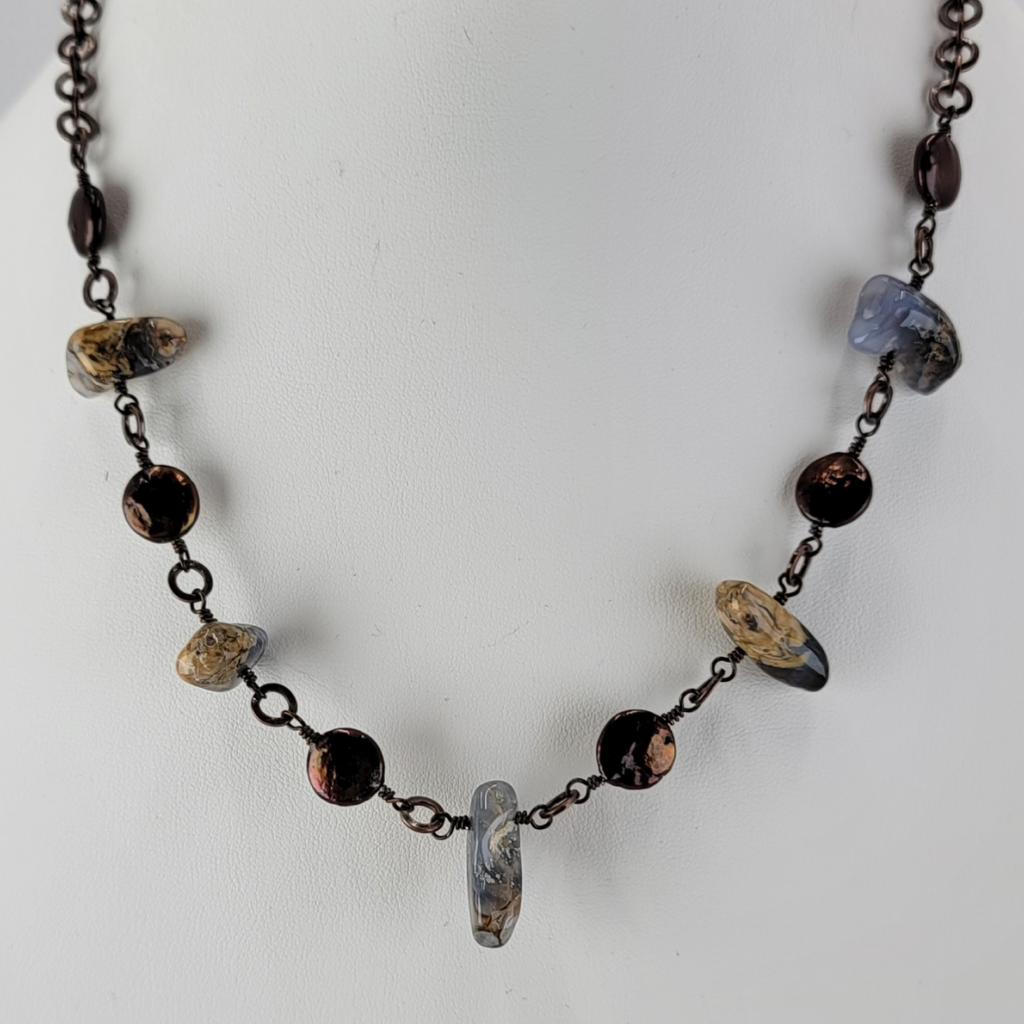ecklace with copper chain, blue and tan madison blue agate beads and fresh water pearls