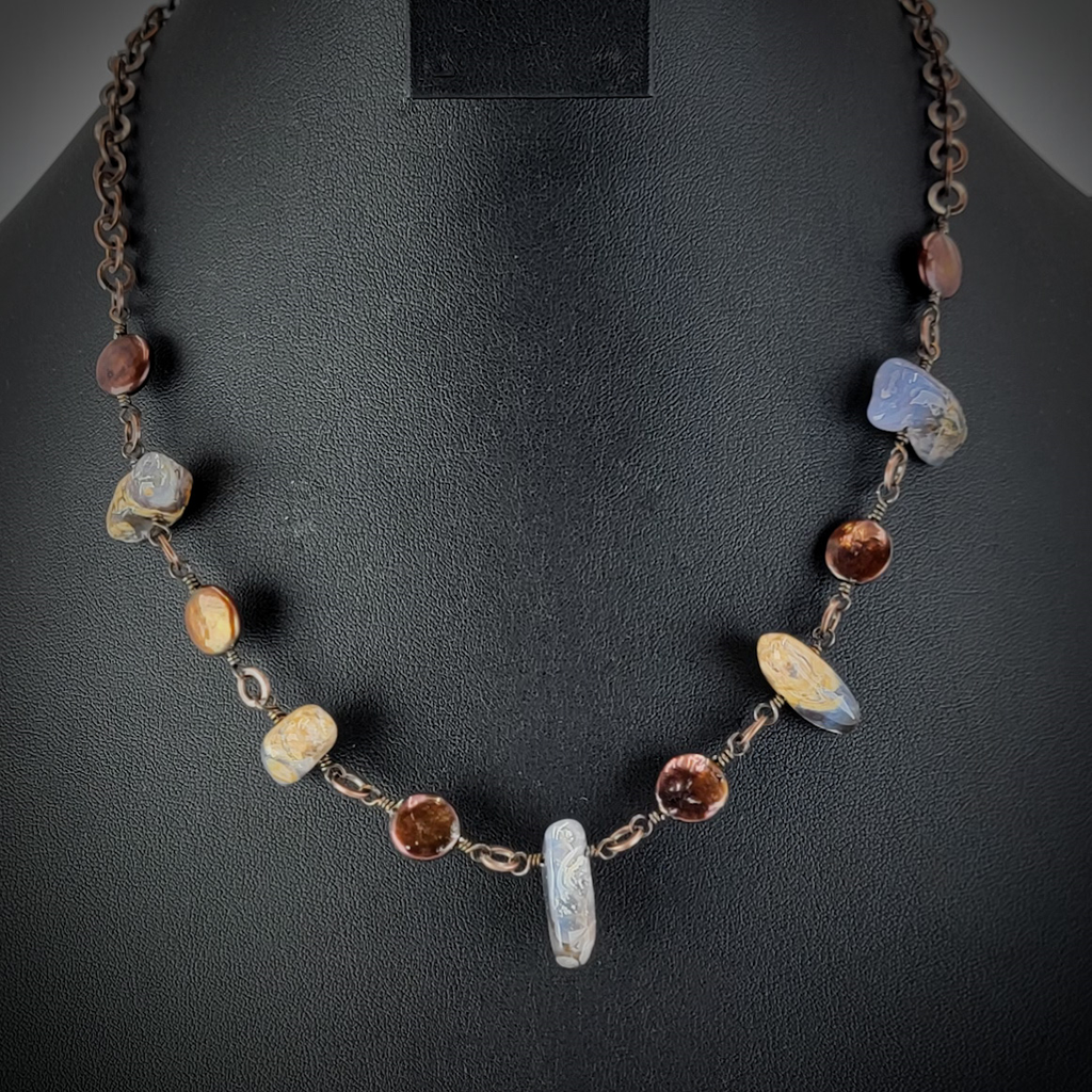 Handmade necklace with copper chain, blue and tan madison blue agate beads and fresh water pearls