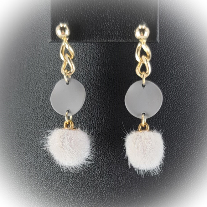 Handmade earrings with fur spheres, soft leather disks, and gold filled chain on gold filled posts