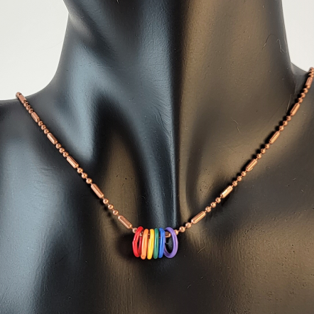 Handmade unisex copper chain necklace with six enameled metal rings in pride colors