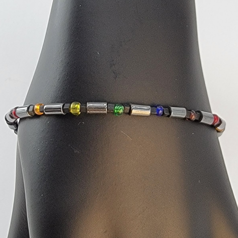 Handmade unisex bracelet with grey hematite beads and Czech glass beads in pride colors