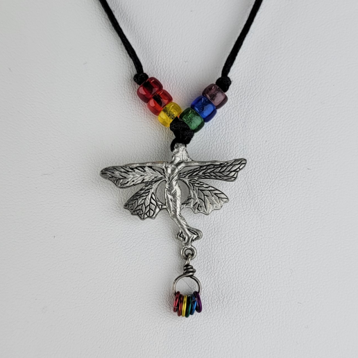 Handmade leather necklace with a pewter fairy pendant, Czech glass beads in pride colors, and small metal rings in pride colors
