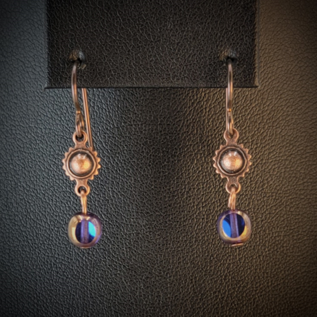 Handmade hypoallergenic earrings with cobalt blue cathedral glass beads and copper suns