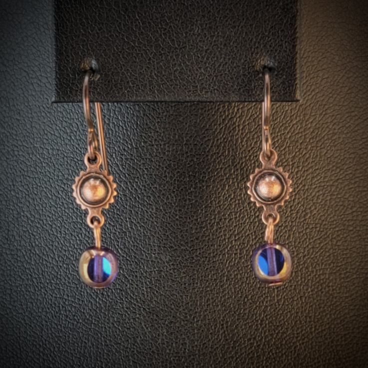 Handmade hypoallergenic earrings with cobalt blue cathedral glass beads and copper suns