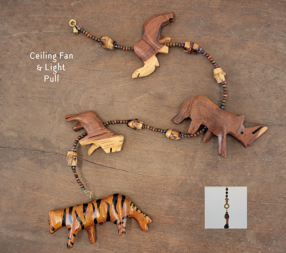 Fan or Light Pull - Asian and African Wildlife with Bean, Ethiopian Glass, and Wood Beads