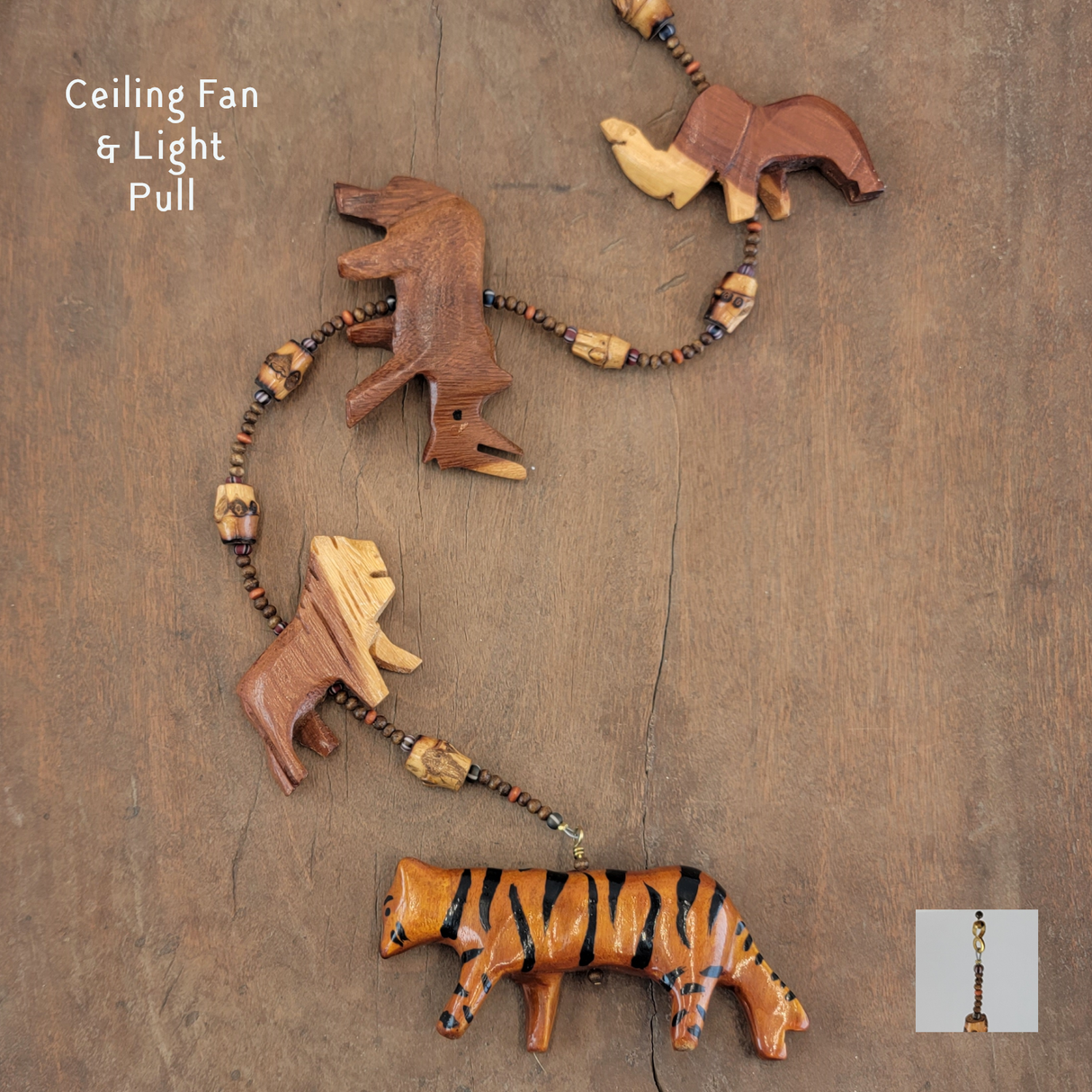 Fan or Light Pull - Asian and African Wildlife with Bamboo, Wood, and Czech Glass