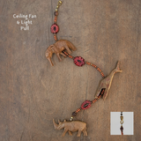 Fan or Light Pull, Elephant, Giraffe, and Two-Horned Rhino with Walnut Shell and Wood
