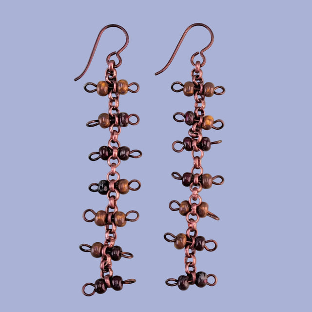 Handmade dangly Boho earrings with hypoallergenic ear wires, antiqued copper chain and brown Picasso glass bead barbells
