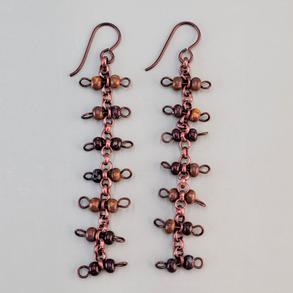 Handmade dangly Boho earrings with hypoallergenic ear wires, antiqued copper chain and brown Picasso glass bead barbells