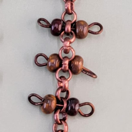 Handmade dangly Boho earrings with hypoallergenic ear wires, antiqued copper chain and brown Picasso glass bead barbells