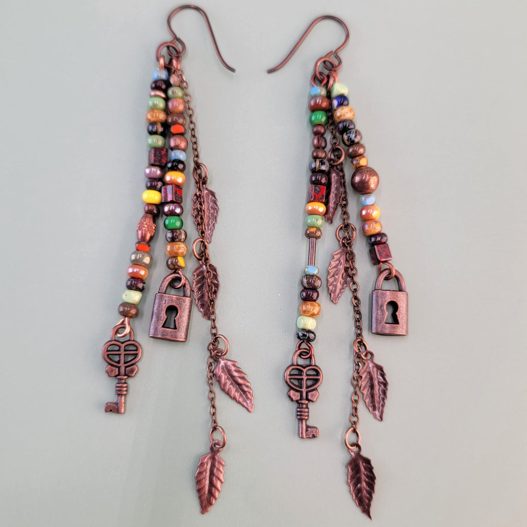Handmade hypoallergenic earrings with copper accents, dangly and long at 4 1/4 inches