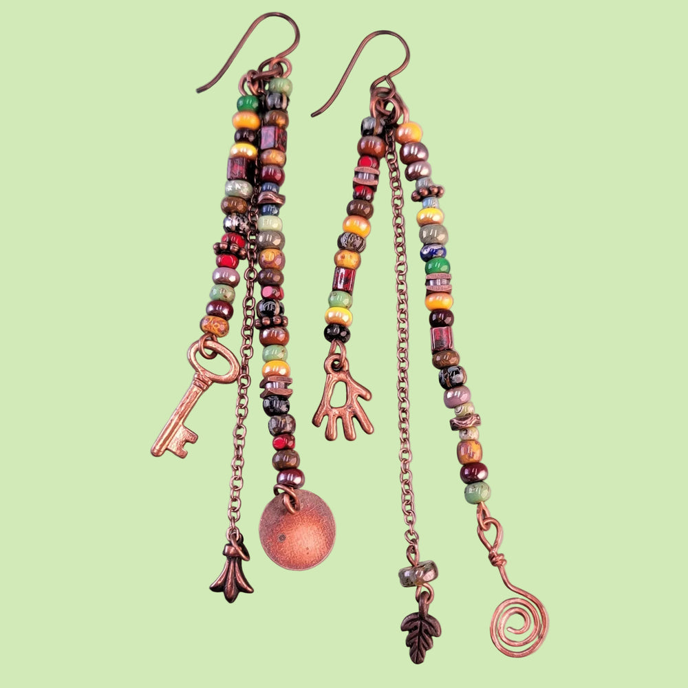 Handmade hypoallergenic colorful boho earrings with copper charm and chain accents