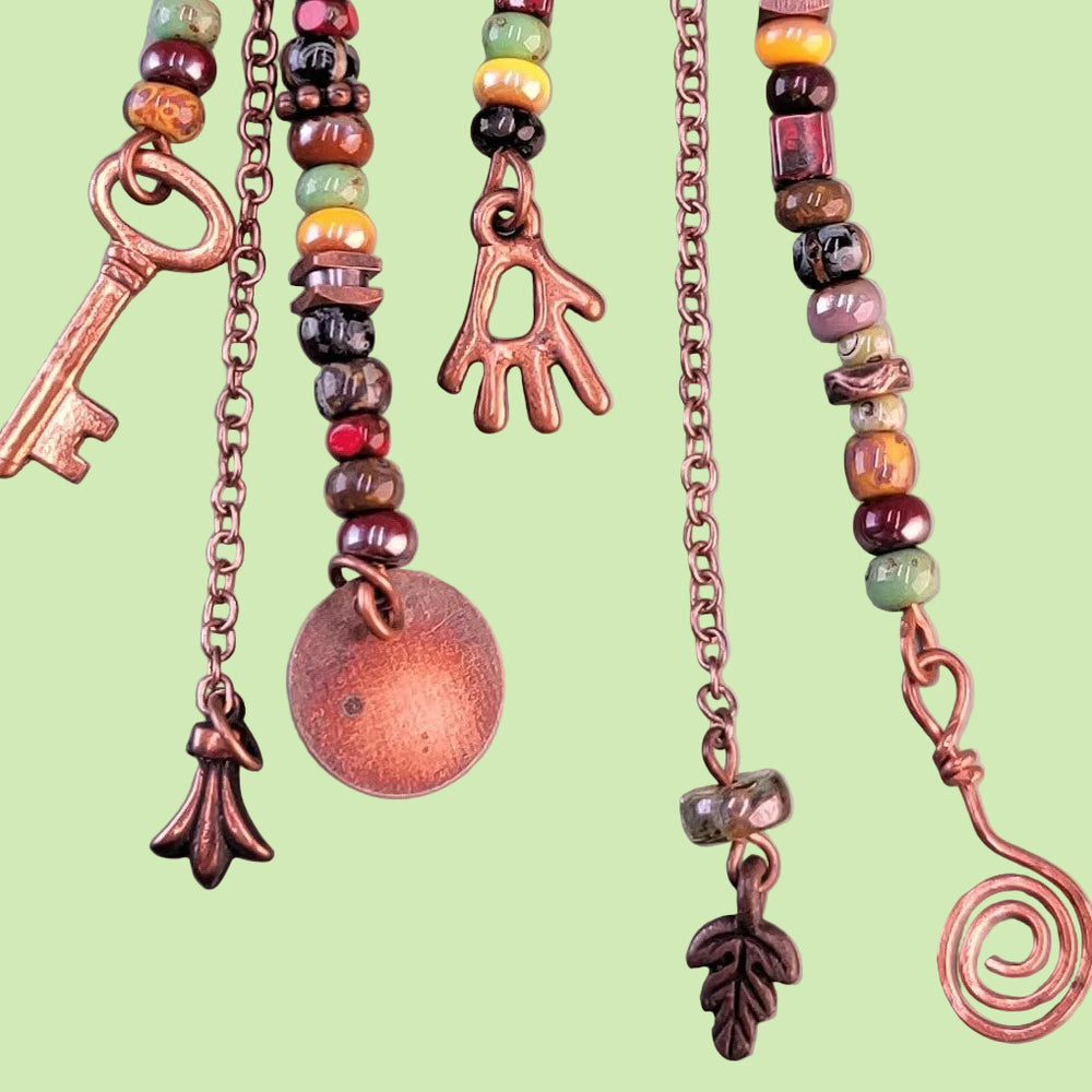 Handmade hypoallergenic colorful boho earrings with copper charm and chain accents