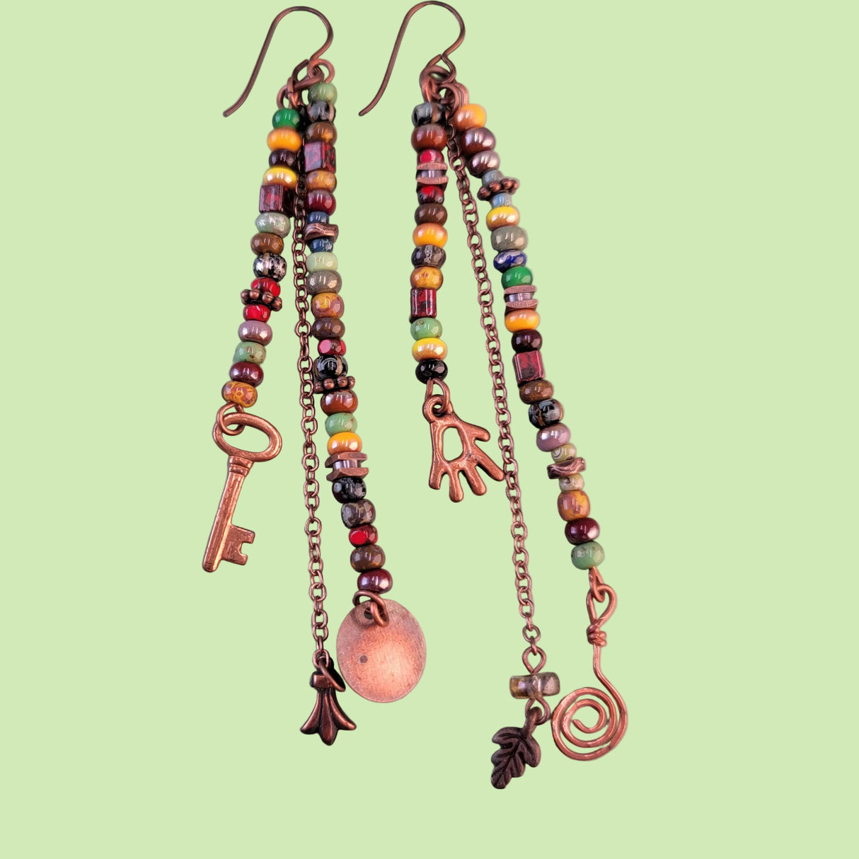 Handmade hypoallergenic colorful boho earrings with copper charm and chain accents
