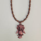 Handmade Boho necklace with cute antiqued copper owl and Picasso glass beads in earth tones
