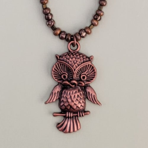 Handmade Boho necklace with cute antiqued copper owl and Picasso glass beads in earth tones