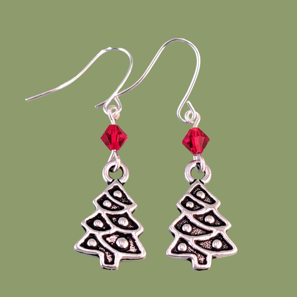 Hypoallergenic Christmas Tree Earrings with Red Crystal