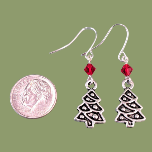 Hypoallergenic Christmas Tree Earrings with Red Crystal
