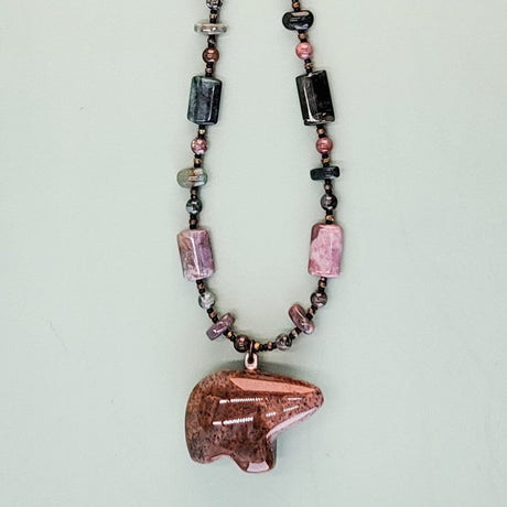Handmade jasper gemstone necklace with jasper bear fetish, 23 inches long with antiqued copper alloy clasp