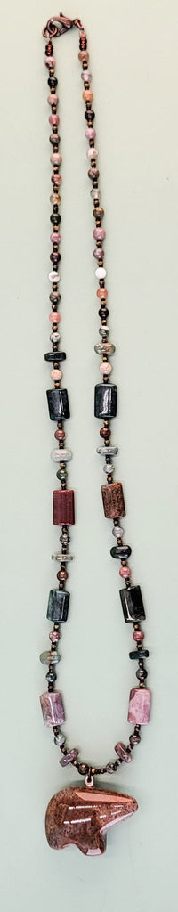 Handmade jasper gemstone necklace with jasper bear fetish, 23 inches long with antiqued copper alloy clasp
