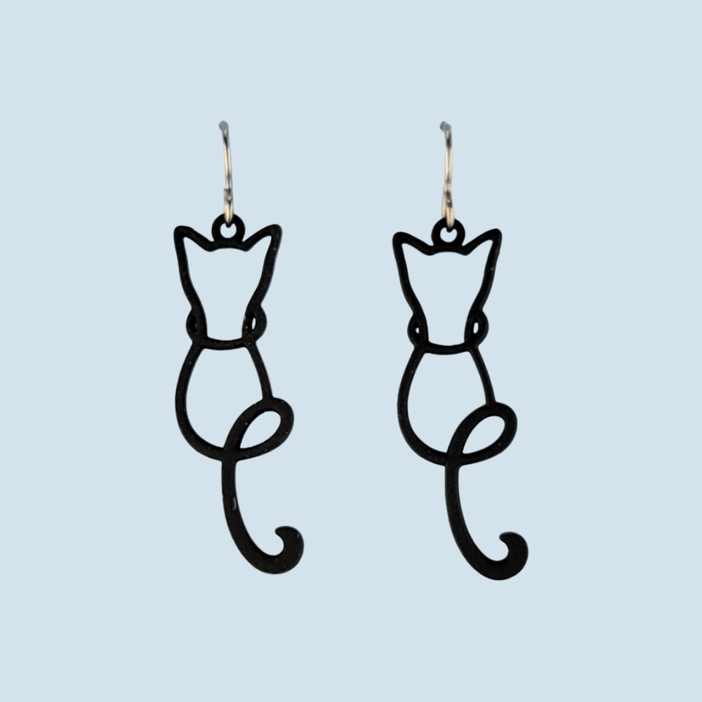 Handmade black cat earrings; silhouette of cats made of powder-coated wire. Earrings are hypoallergenic.