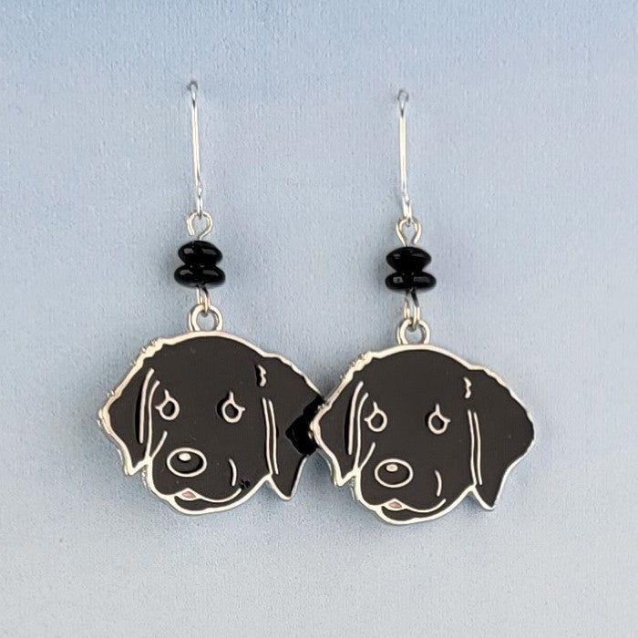 Hypoallergenic handmade black dog earrings with black enameled dog charms and silver accents