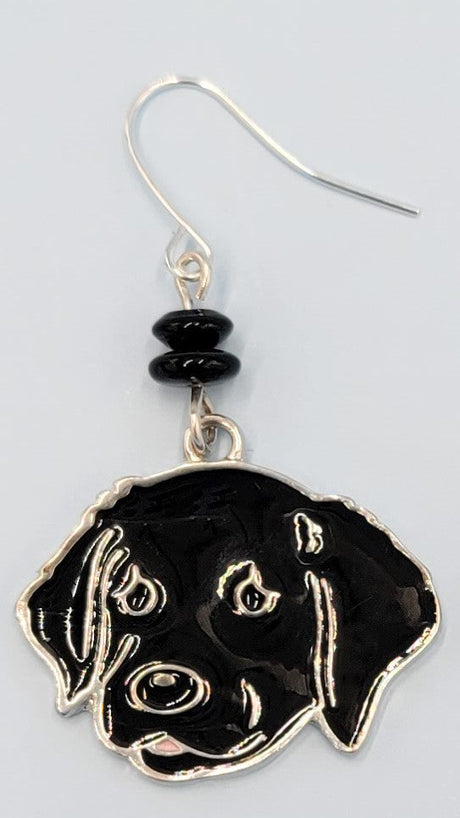 Hypoallergenic handmade black dog earrings with black enameled dog charms and silver accents