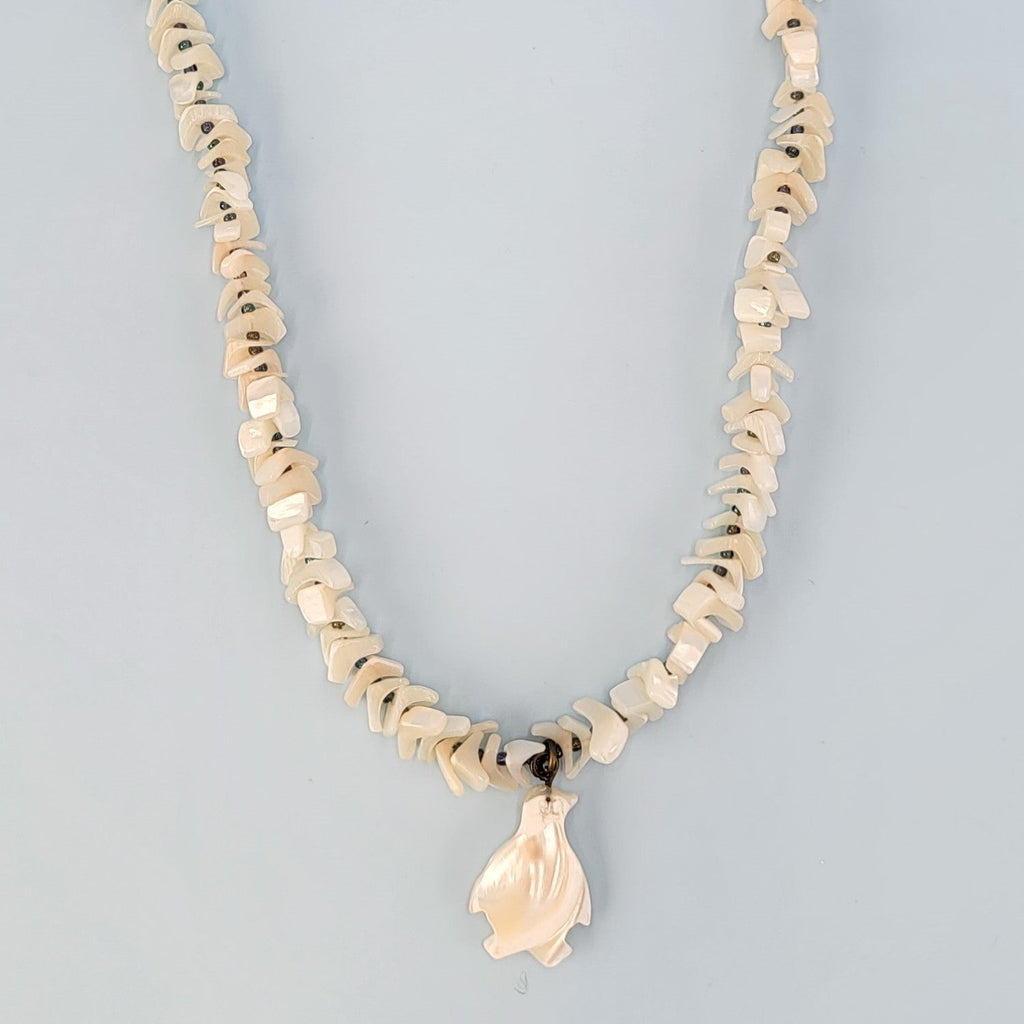 Handmade sandy white penguin and shell chip necklace, 14 1/2" long