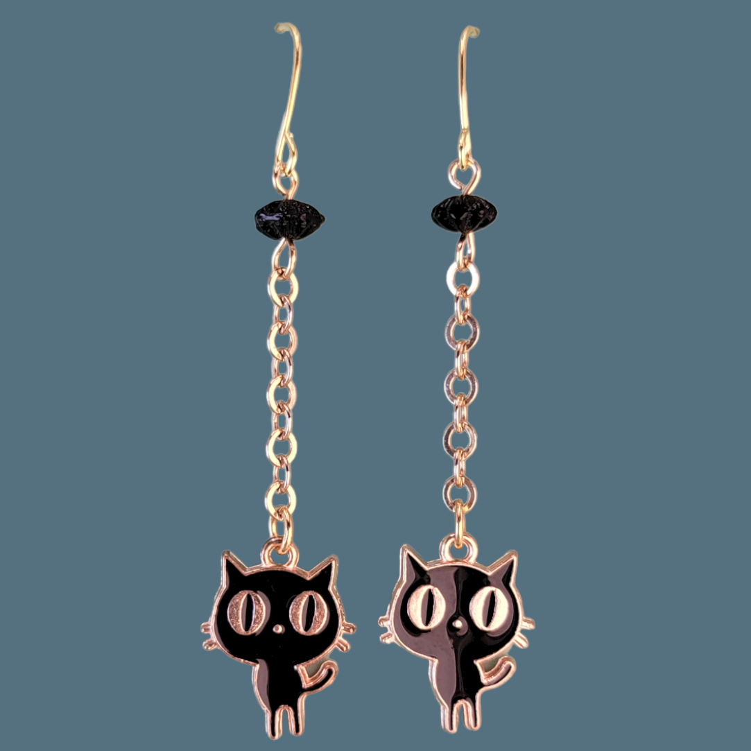 Handmade black cat earrings, hypoallergenic, with gold tone accents and chain