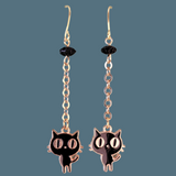 Handmade black cat earrings, hypoallergenic, with gold tone accents and chain