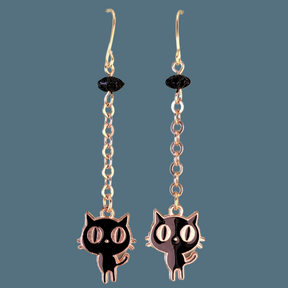 Handmade black cat earrings, hypoallergenic, with gold tone accents and chain