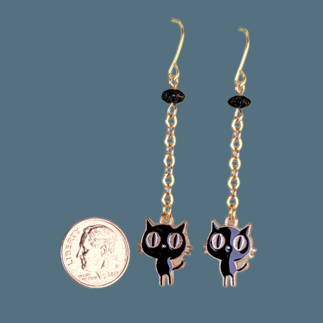 Handmade black cat earrings, hypoallergenic, with gold tone accents and chain