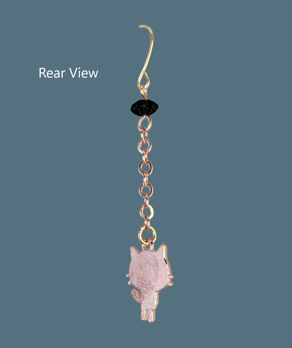 Handmade black cat earrings, hypoallergenic, with gold tone accents and chain