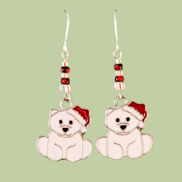 Hypoallergenic holiday polar bear earrings with peppermint-striped beads