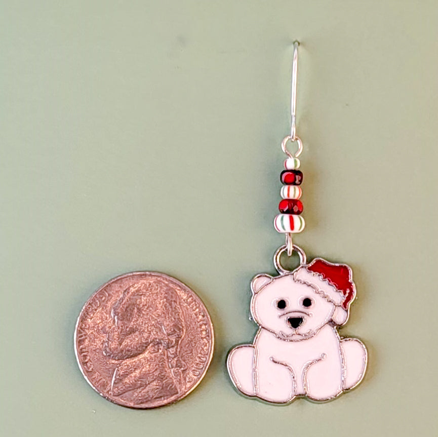 Hypoallergenic holiday polar bear earrings with peppermint-striped beads