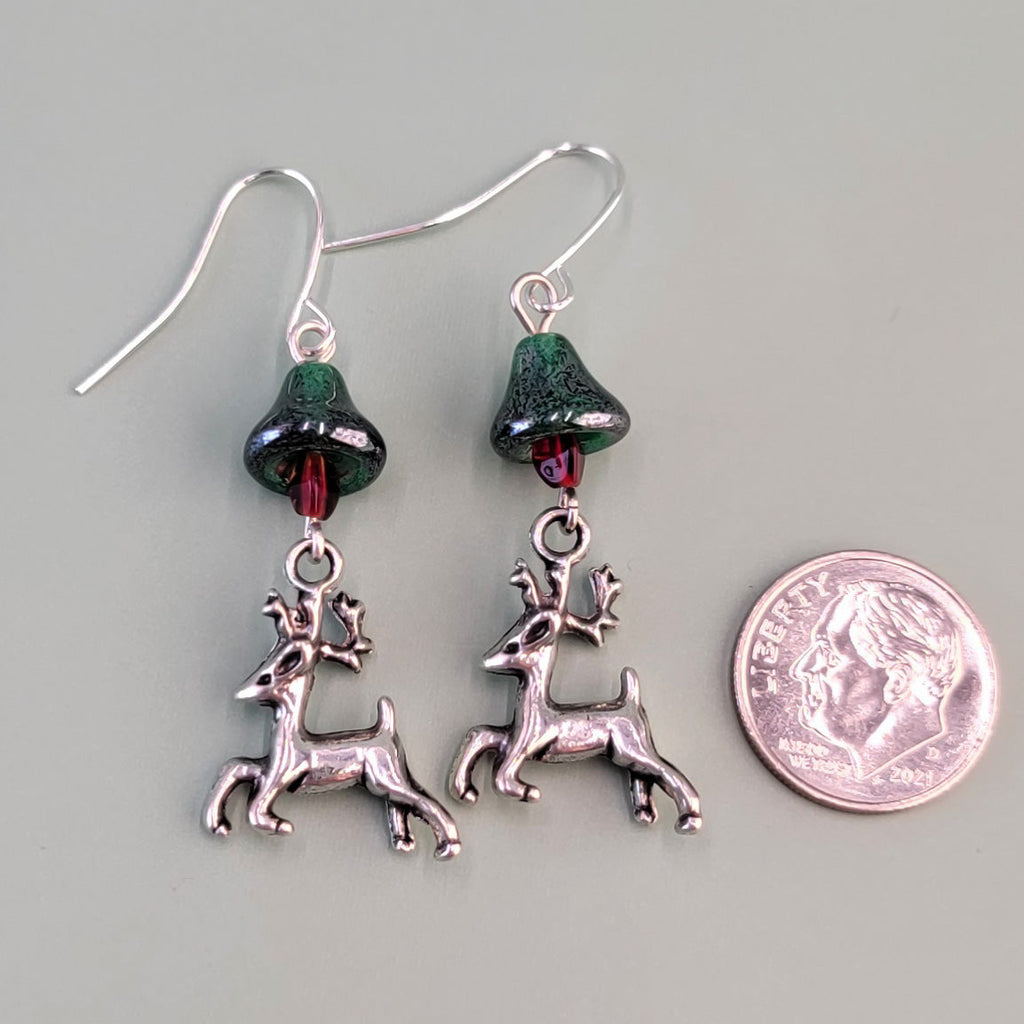 Hypoallergenic holiday deer earrings with green and red bells