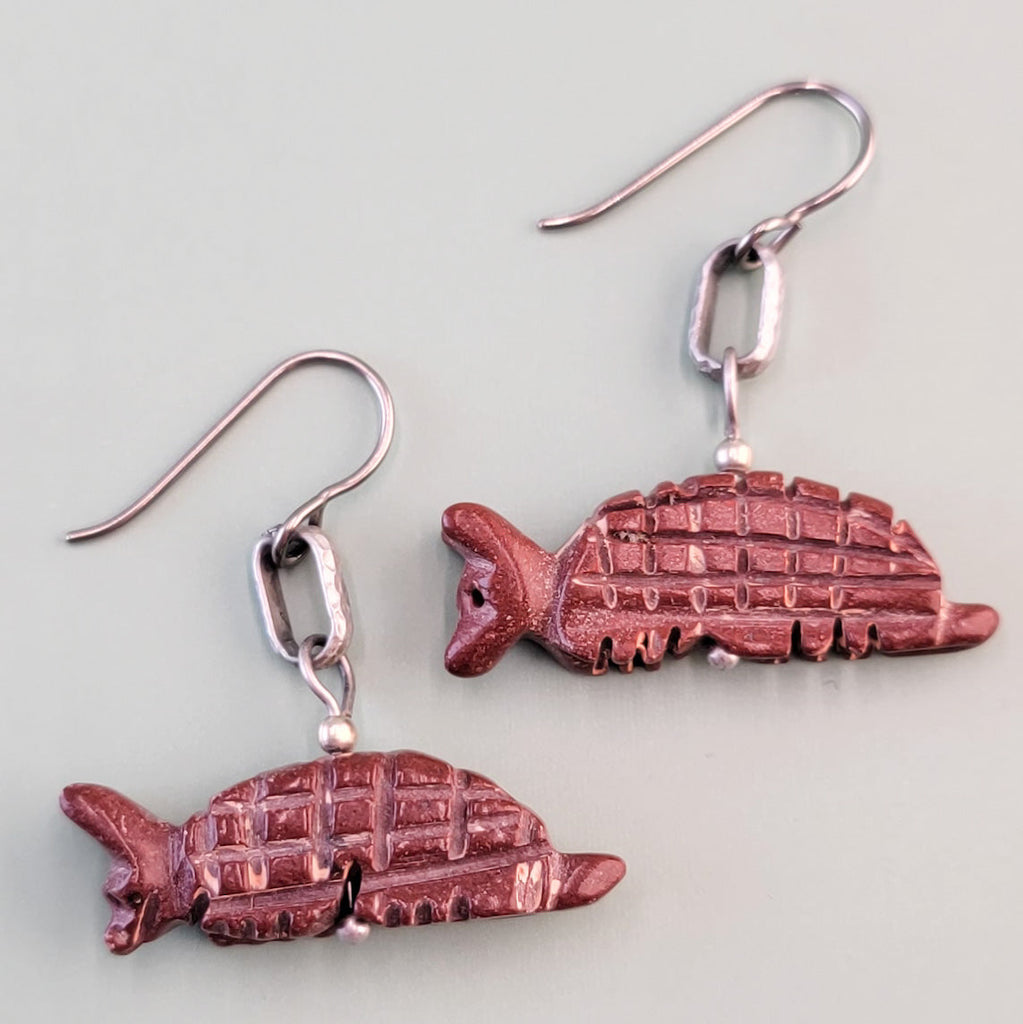 Handmade armadillo earrings with bauxite armadillos and hypoallergenic niobium ear wires