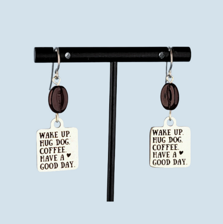 Hypoallergenic coffee and dog earrings with words wake up, hug dog, coffee, have a good day 