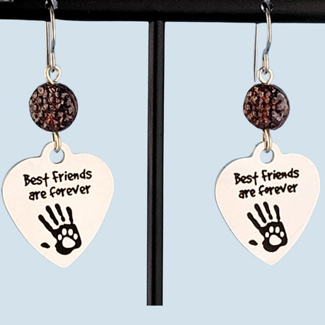 Hypoallergenic best friends forever paw print earrings with heart shaped pendant and root beer brown beads