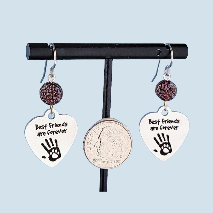 Hypoallergenic best friends forever paw print earrings with heart shaped pendant and root beer brown beads