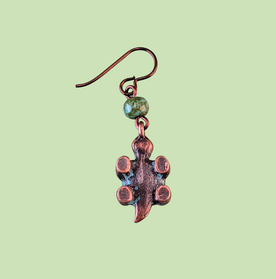 Hypoallergenic copper turtle earrings with three dimensional turtle charms and green Picasso glass beads