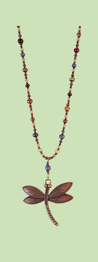 Vibrant boho colors necklace with antiqued bronze dragonfly
