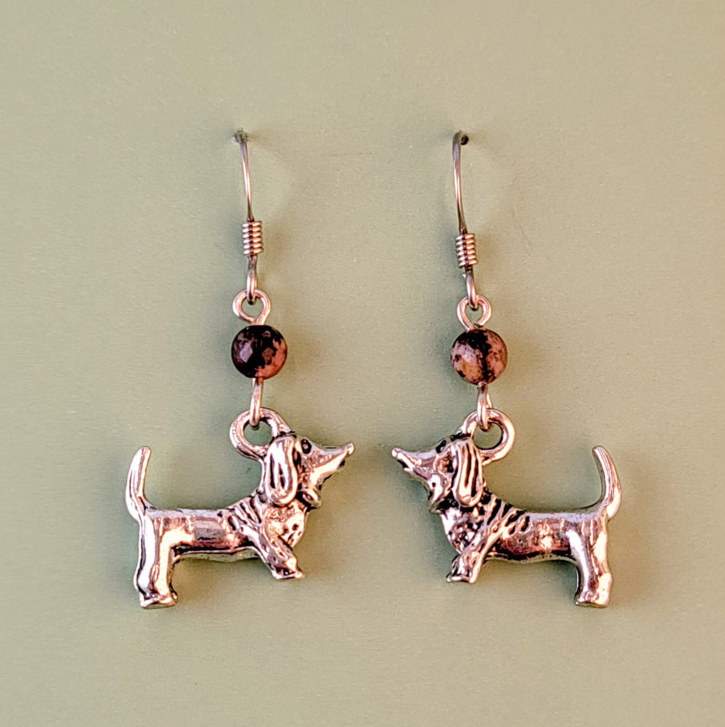 Handmade hypoallergenic dachshund dog earrings with porcelain jasper beads