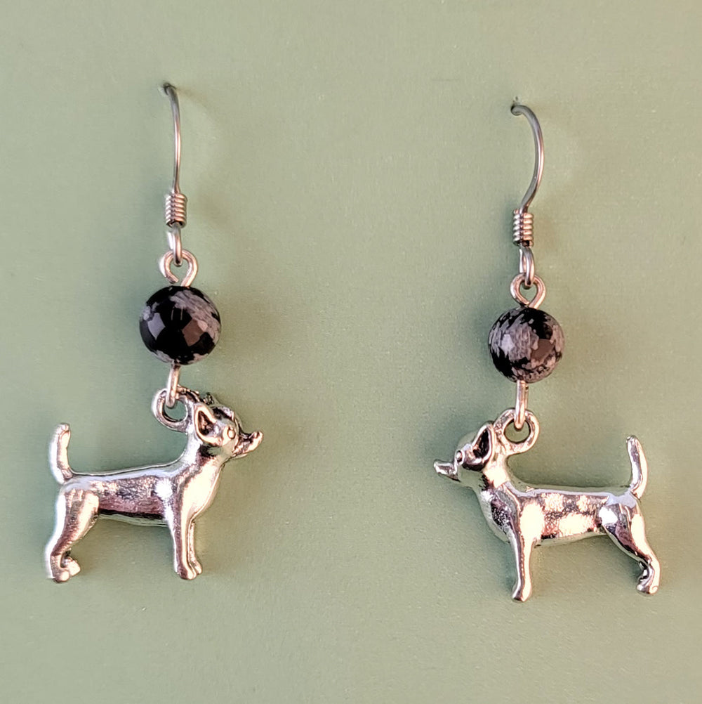 Handmade hypoallergenic Chihuahua dog earrings with snowflake obsidian beads