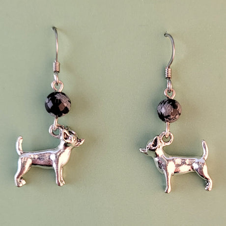 Handmade hypoallergenic Chihuahua dog earrings with snowflake obsidian beads