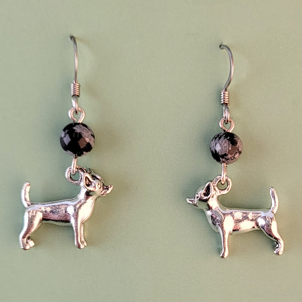 Handmade hypoallergenic Chihuahua dog earrings with snowflake obsidian beads