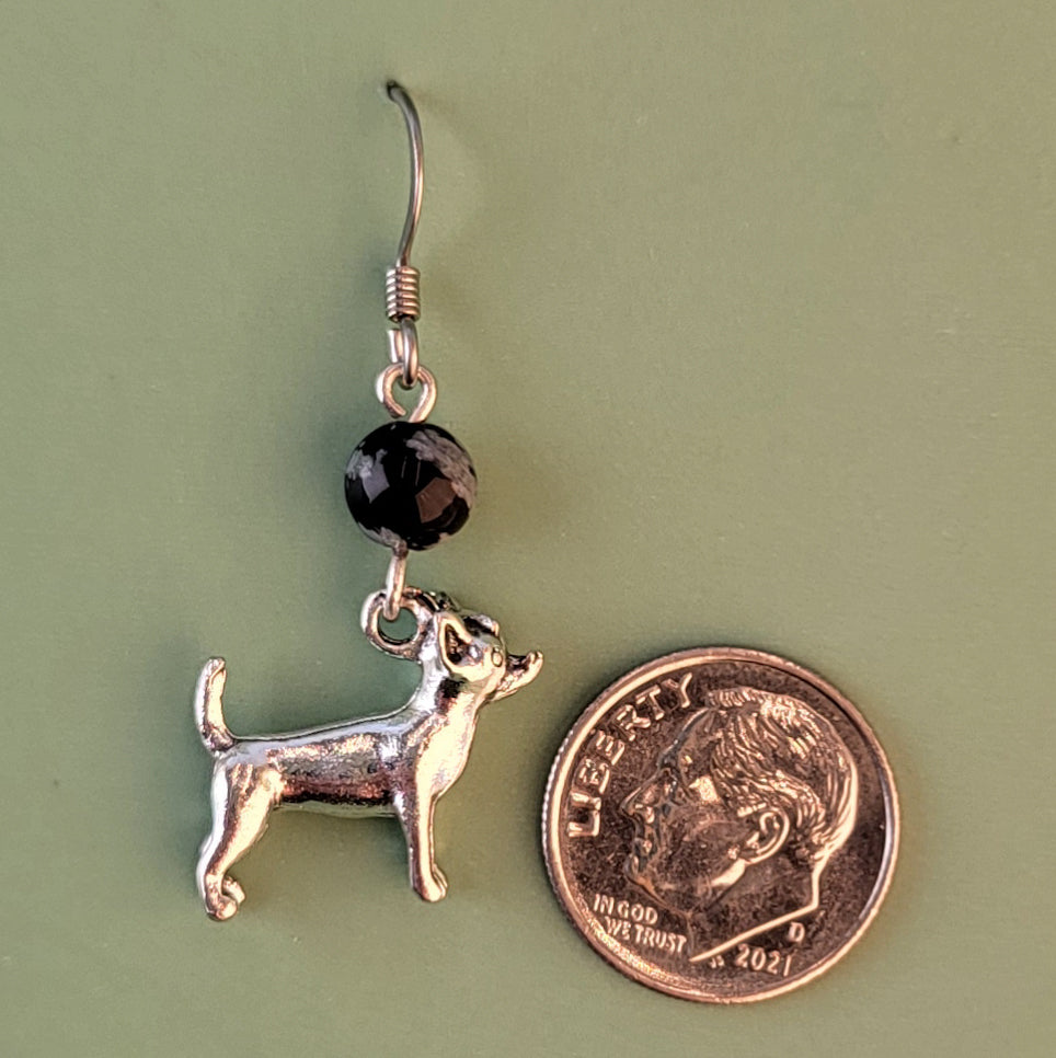 Handmade hypoallergenic Chihuahua dog earrings with snowflake obsidian beads