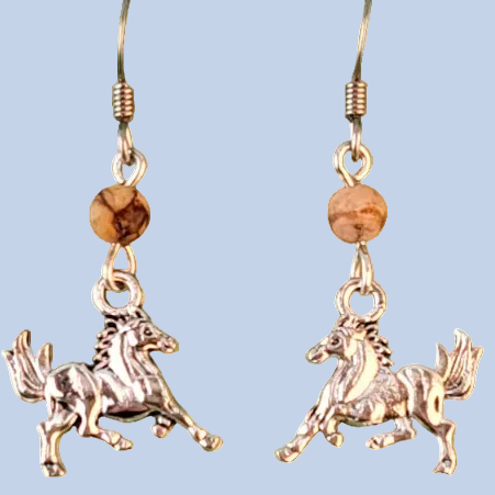 Hypoallergenic cantering horse earrings handmade with beautiful silver-colored graceful horse charms and topped with brown zebra jasper beads